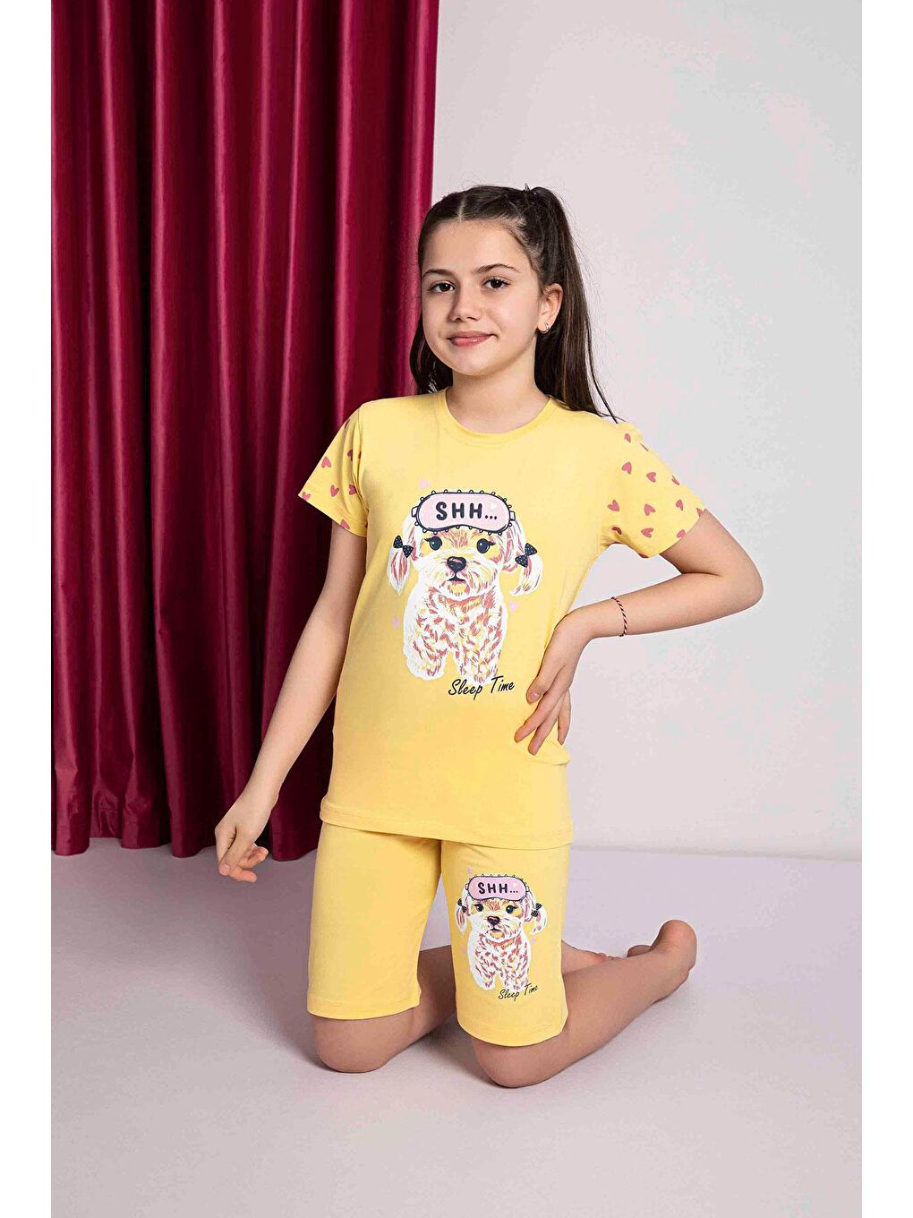 Kız Çocuk Penye Kısa Kollu Kaprili Pijama Takımı | Sarı 2669-1