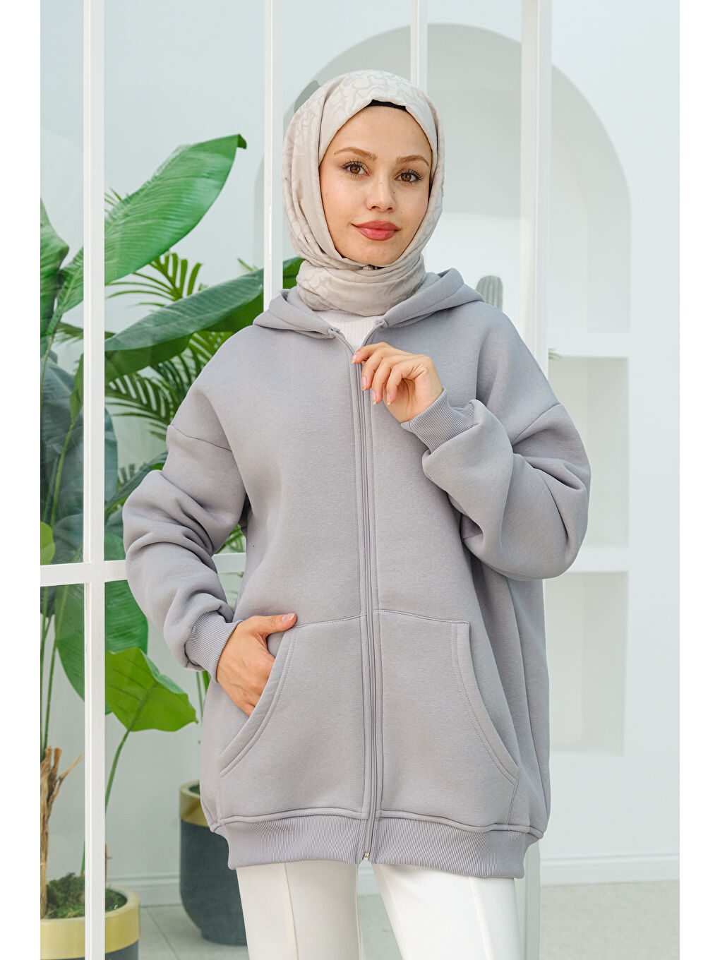 Locco Moda Kapüşonlu Oversize  Fermuarlı Sweatshirt  Gri