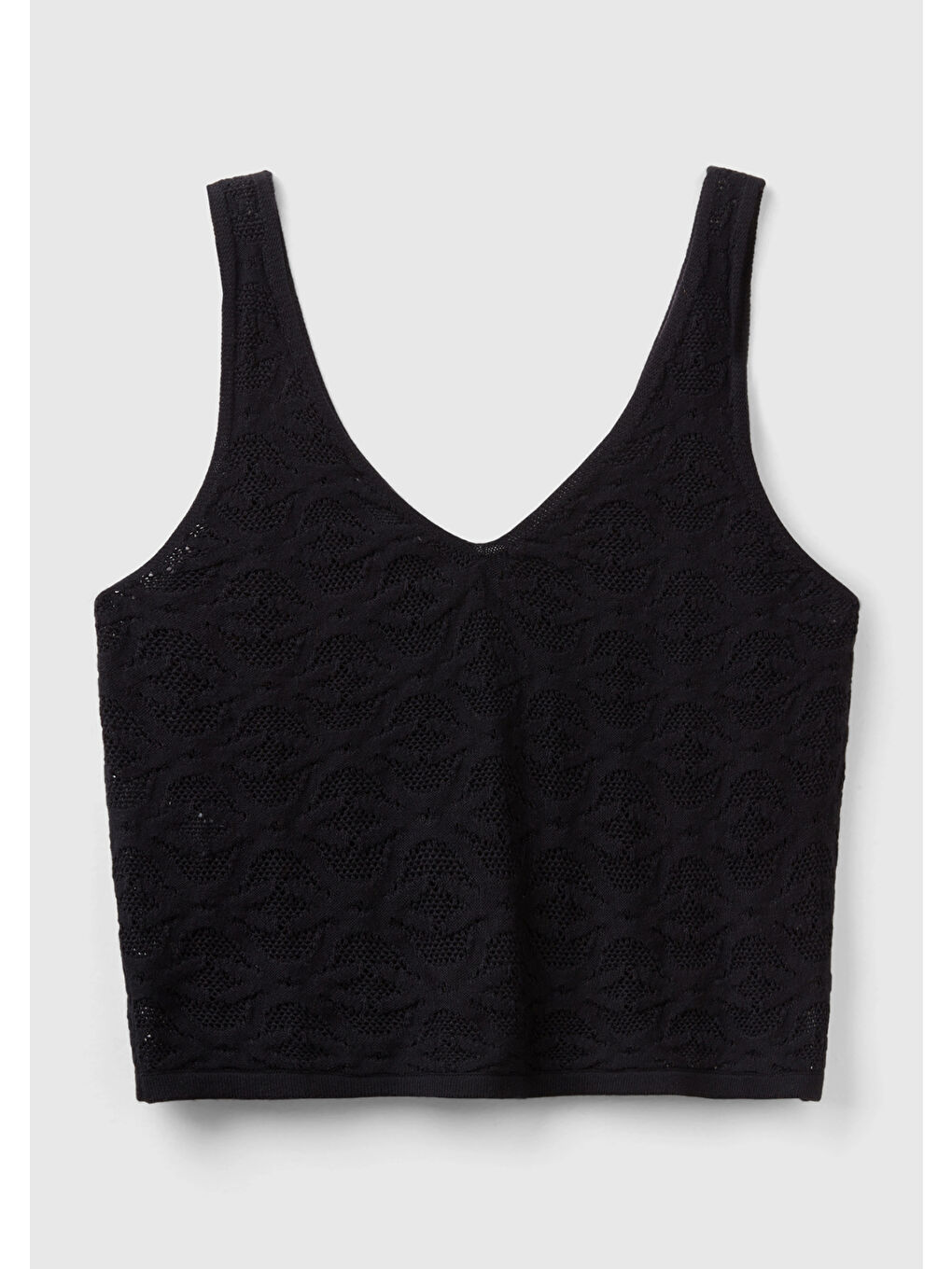 Kadın Siyah %100 Pamuk Tamamı Desenli Derin V Yaka Sıfır Kol Bluz-1