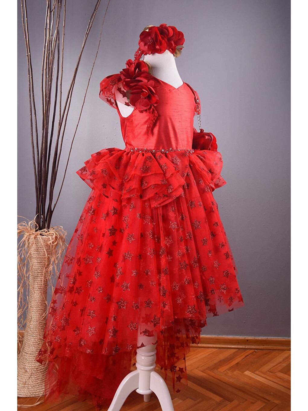 Özel Tasarım Kız Çocuk Elbise, Kırmızı Çantalı, Çocuk Yılbaşı Elbisesi, Doğum Günü Elbisesi_M1908-1