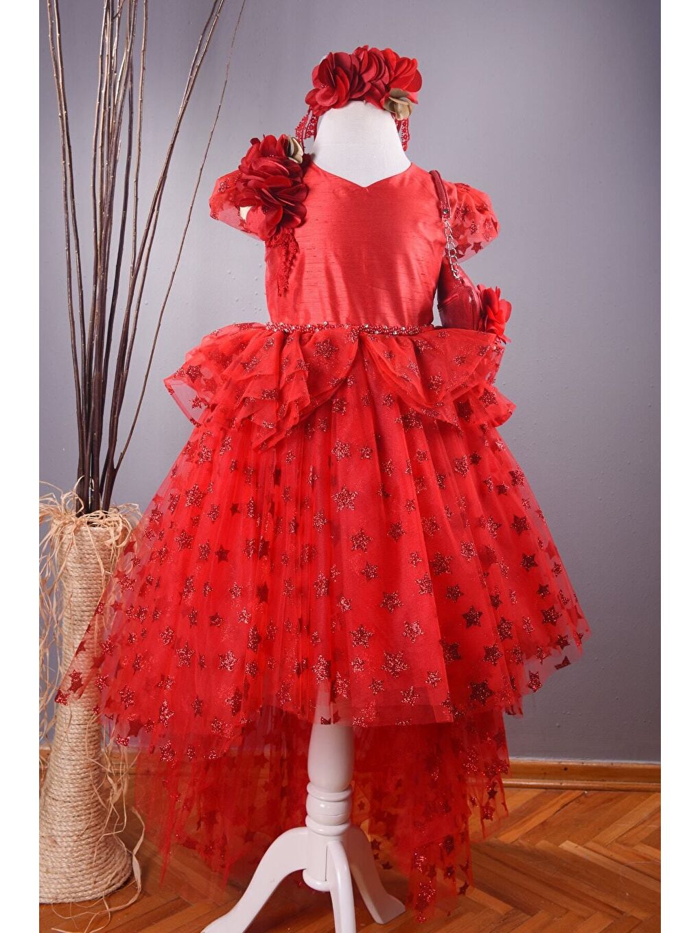 Özel Tasarım Kız Çocuk Elbise, Kırmızı Çantalı, Çocuk Yılbaşı Elbisesi, Doğum Günü Elbisesi_M1908-5