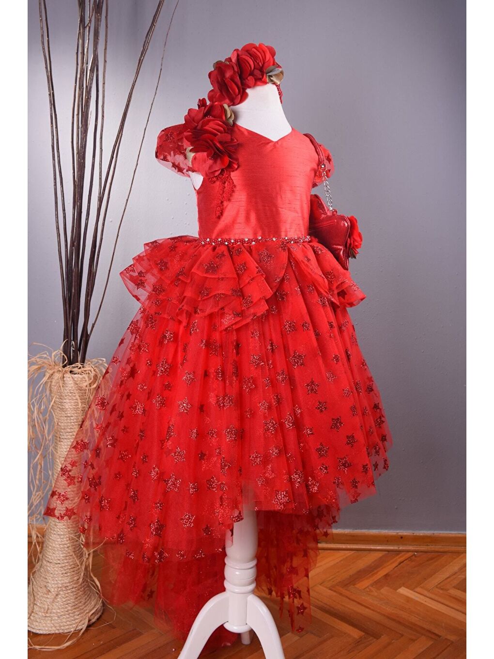 Özel Tasarım Kız Çocuk Elbise, Kırmızı Çantalı, Çocuk Yılbaşı Elbisesi, Doğum Günü Elbisesi_M1908-6