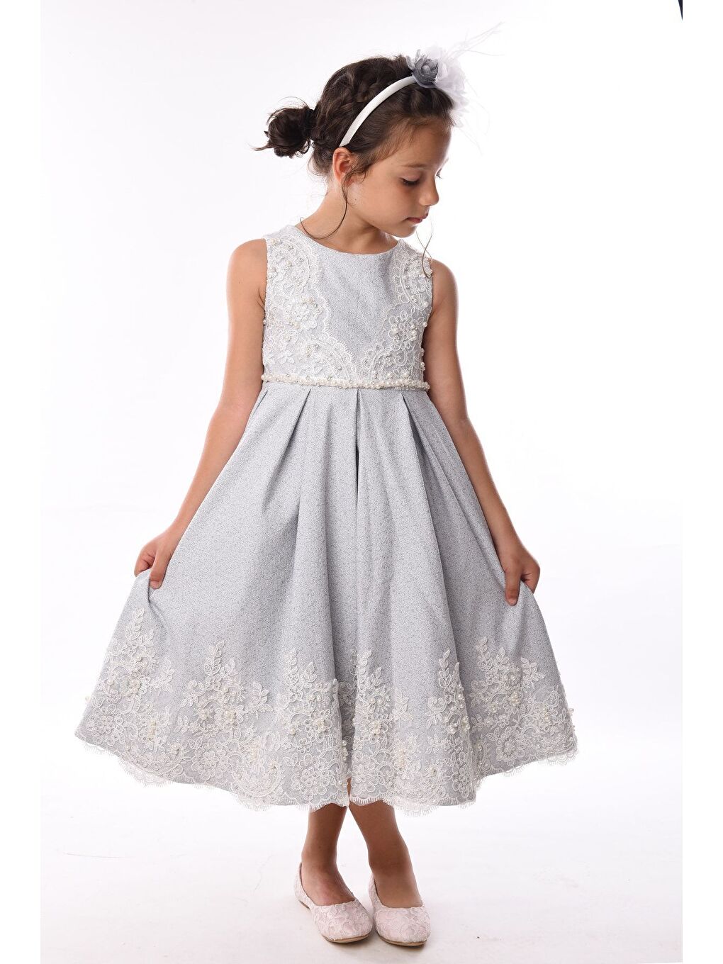 İndigo Rengi, Brode Dantel Işleme Detaylı, Taç Aksesuarlı, Jakar Midi Boy Kız Çocuk Elbise_M2000