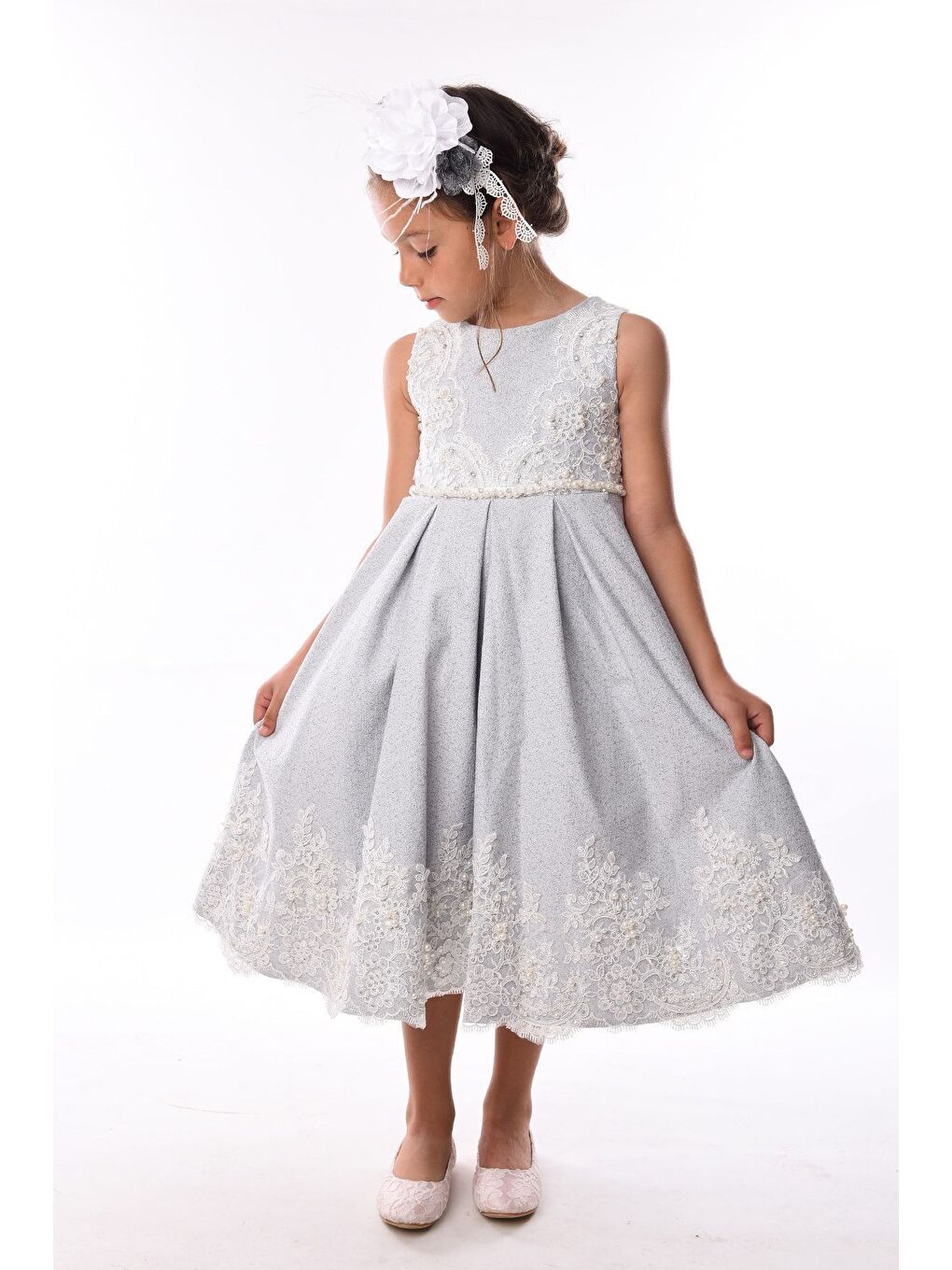 İndigo Rengi, Brode Dantel Işleme Detaylı, Taç Aksesuarlı, Jakar Midi Boy Kız Çocuk Elbise_M2000-1