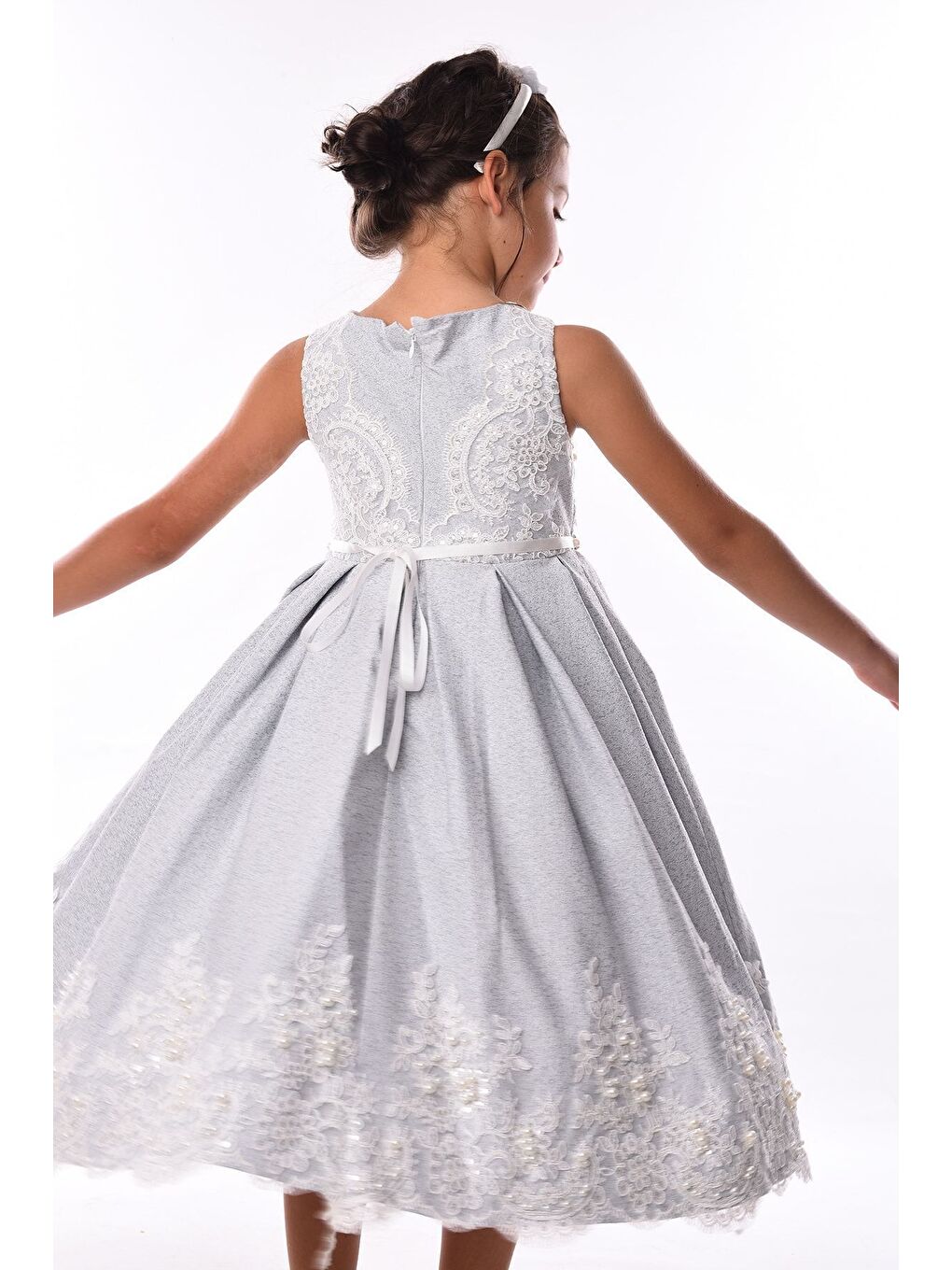 İndigo Rengi, Brode Dantel Işleme Detaylı, Taç Aksesuarlı, Jakar Midi Boy Kız Çocuk Elbise_M2000-2