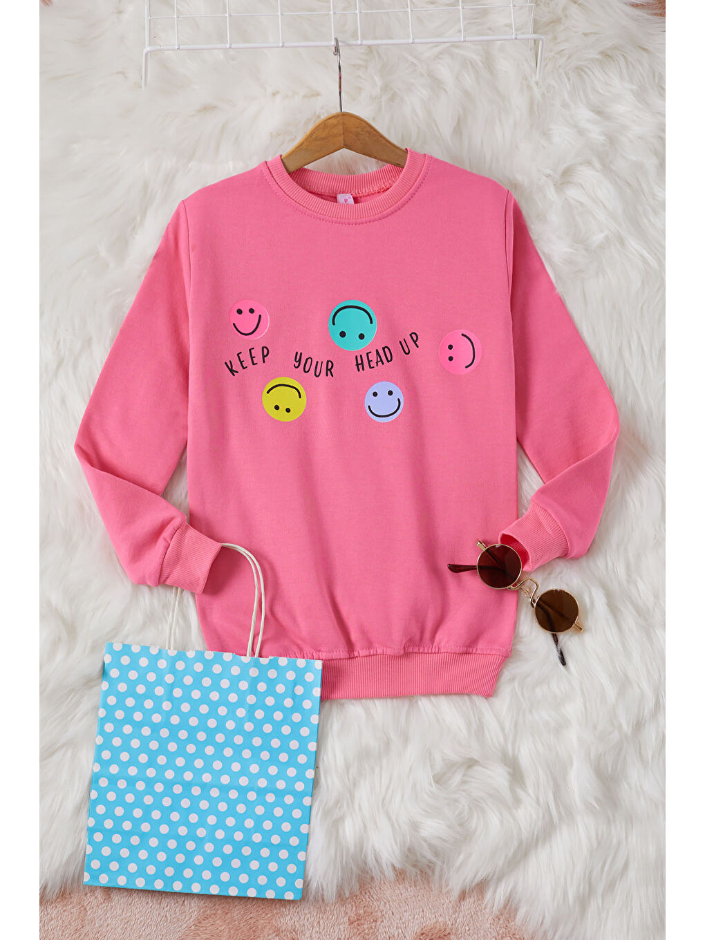 Pembe Life Kids Club Pembe Gülen Yüz Baskılı Kız Çocuk Bisiklet Yaka Sweatshirt 17282