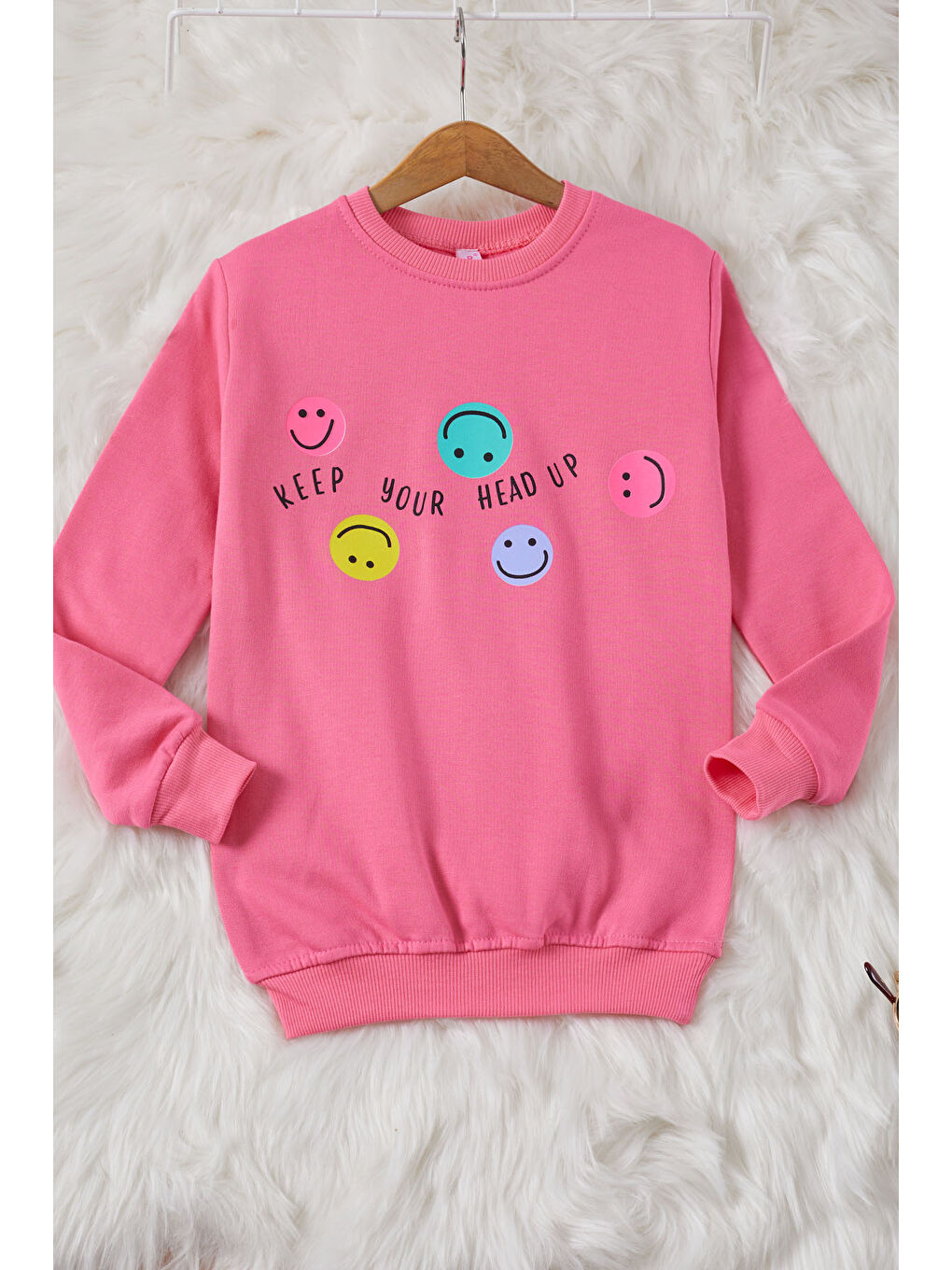 Pembe Life Kids Club Pembe Gülen Yüz Baskılı Kız Çocuk Bisiklet Yaka Sweatshirt 17282 - 2