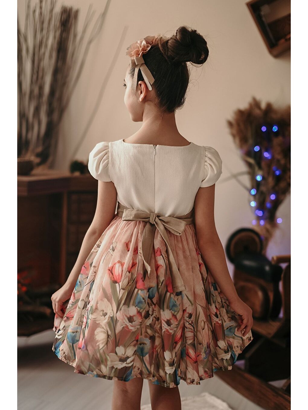 Pembe Özel Tasarım Kız Çocuk Elbise, Pudra Rengi,üst Robası Krep, Şifon, Taç Aksesuarlı Elbise_M2030-2