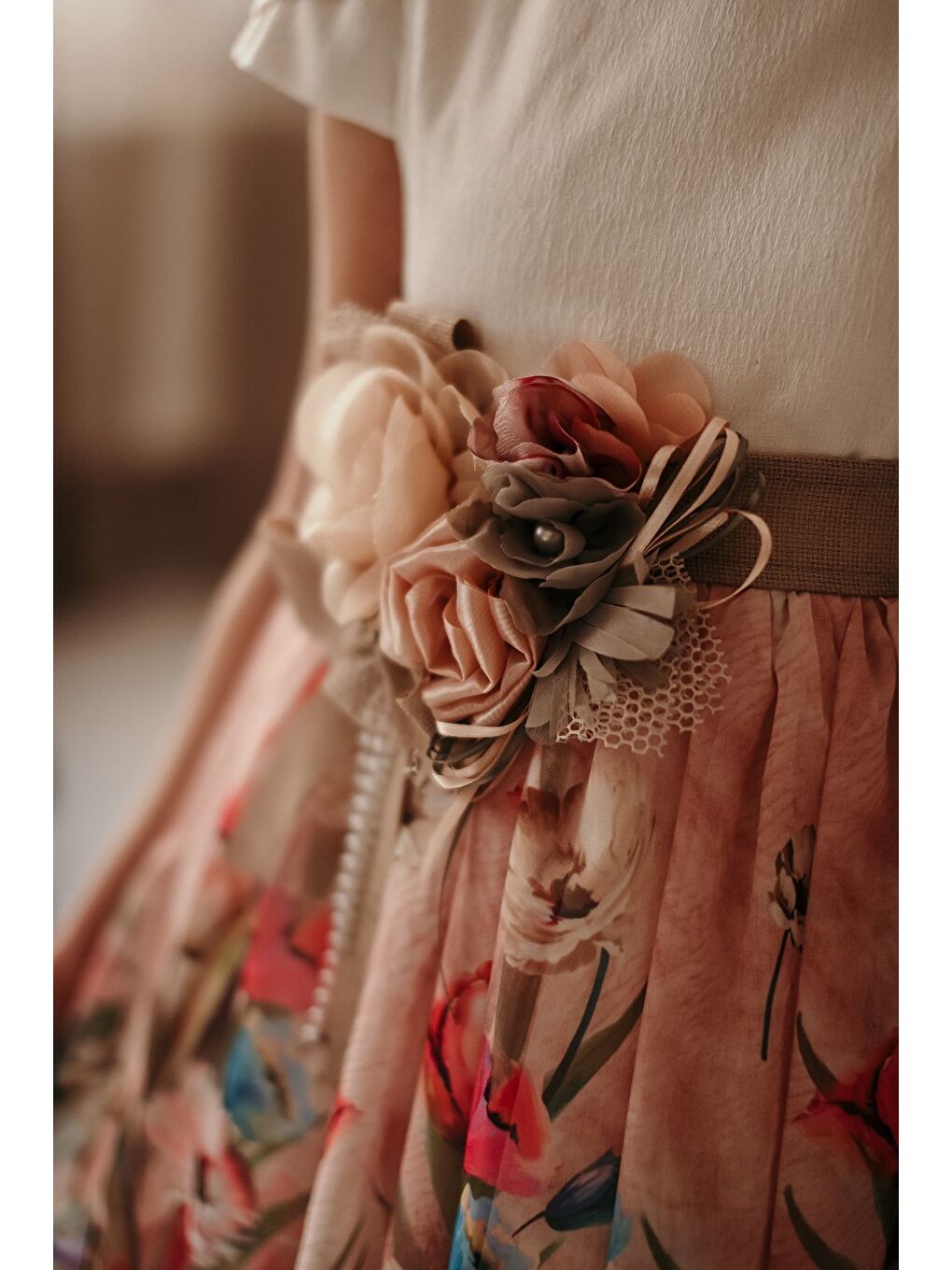 Pembe Özel Tasarım Kız Çocuk Elbise, Pudra Rengi,üst Robası Krep, Şifon, Taç Aksesuarlı Elbise_M2030-3