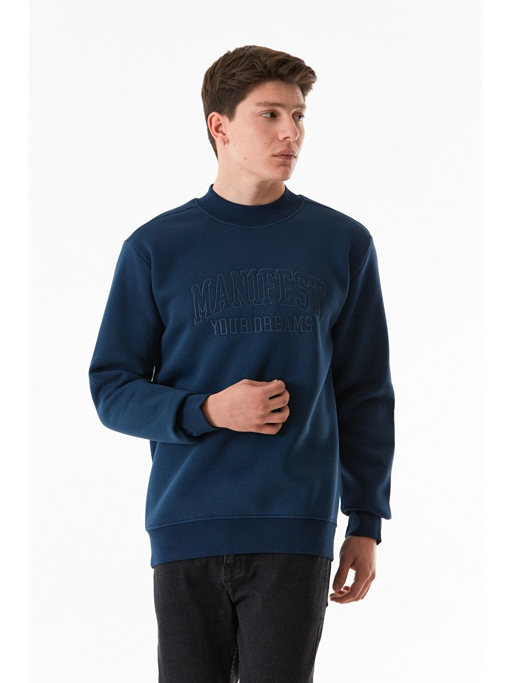 Fullamoda Lacivert 3 İplik Yazı Nakışlı Dik Yaka Sweatshirt - 1