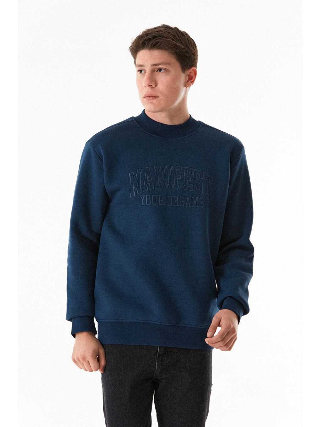 Fullamoda Lacivert 3 İplik Yazı Nakışlı Dik Yaka Sweatshirt - 2