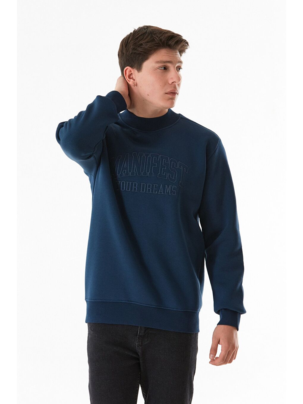 Fullamoda Lacivert 3 İplik Yazı Nakışlı Dik Yaka Sweatshirt - 4