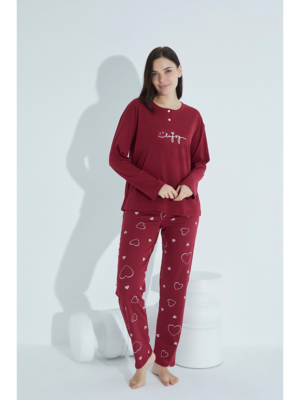 TAMPAP Bordo Kadın Düğmeli Desenli Pijama Takımı Yazılı  956