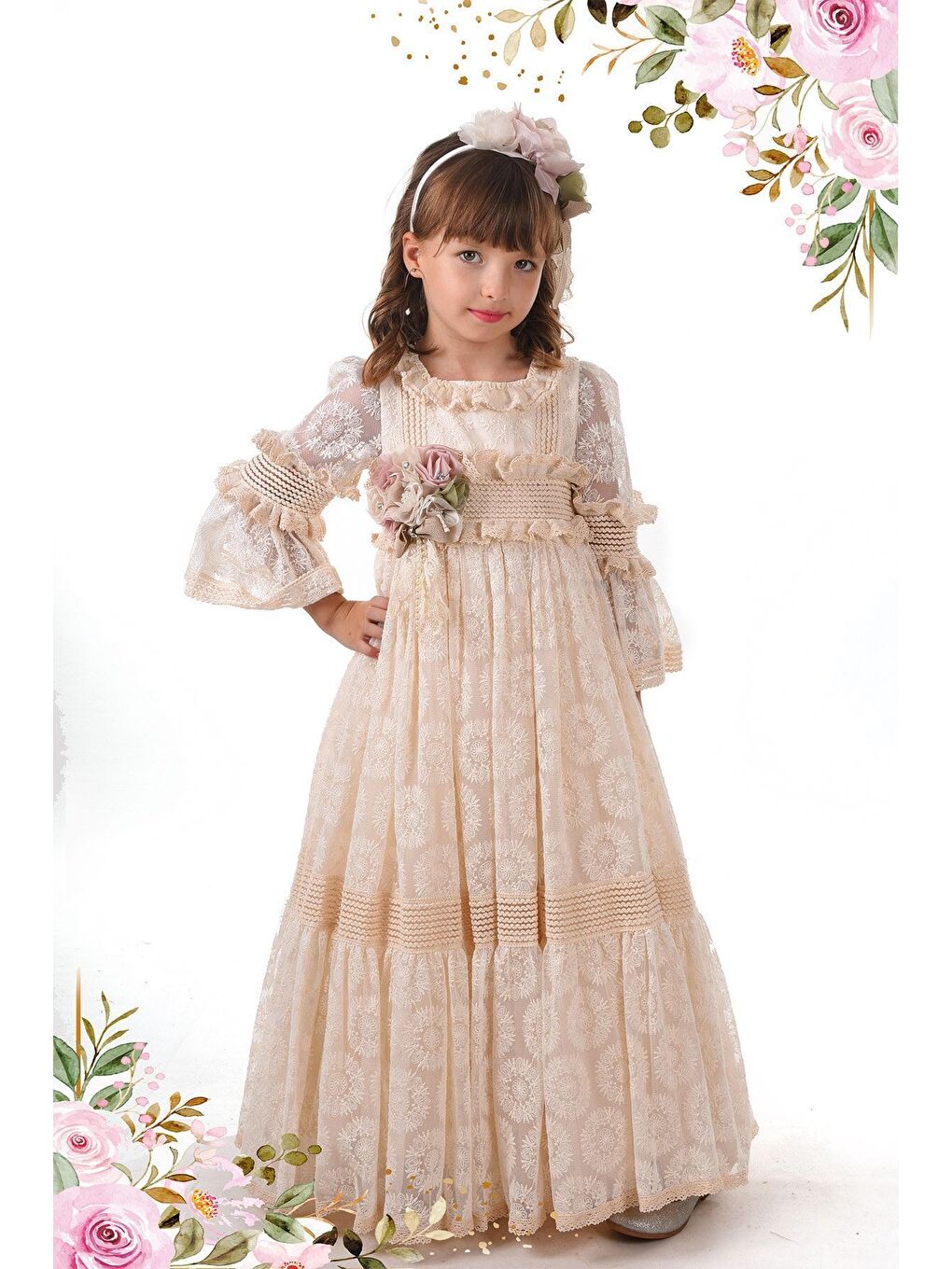 Ekru, Dantel Detaylı Kız Çocuk Elbise, Kız Çocuk Uzun Abiye Elbise Çocuk Vintage Elbise_M2228