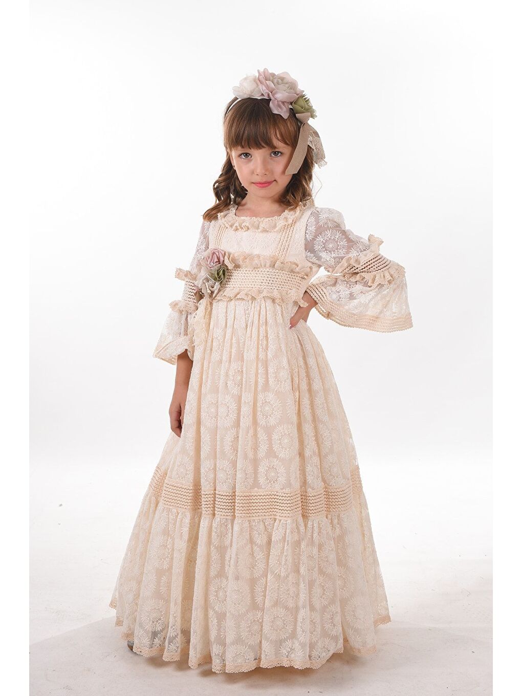 Ekru, Dantel Detaylı Kız Çocuk Elbise, Kız Çocuk Uzun Abiye Elbise Çocuk Vintage Elbise_M2228-1