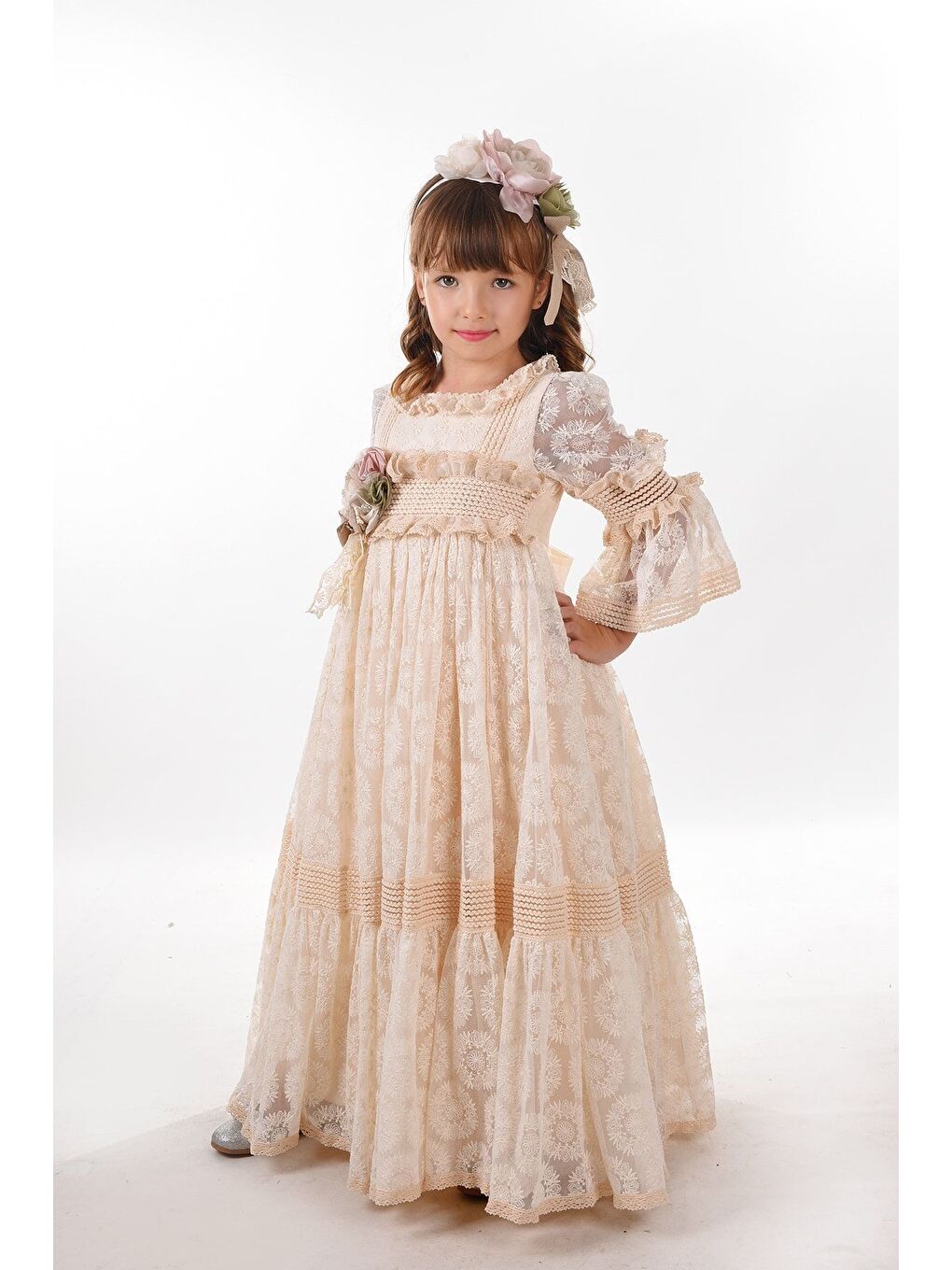 Ekru, Dantel Detaylı Kız Çocuk Elbise, Kız Çocuk Uzun Abiye Elbise Çocuk Vintage Elbise_M2228-2
