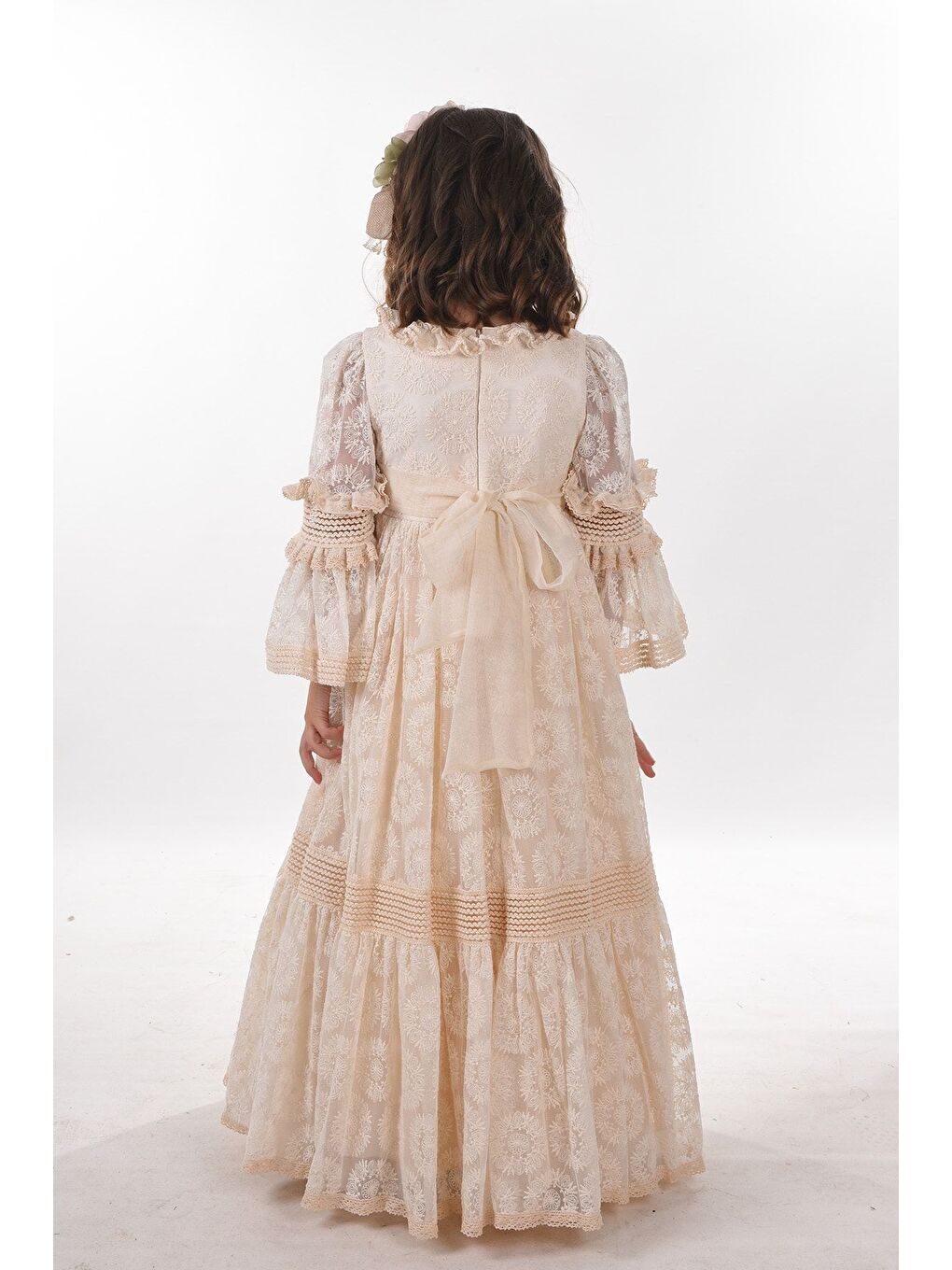 Ekru, Dantel Detaylı Kız Çocuk Elbise, Kız Çocuk Uzun Abiye Elbise Çocuk Vintage Elbise_M2228-3