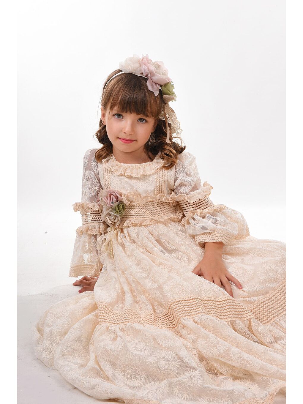 Ekru, Dantel Detaylı Kız Çocuk Elbise, Kız Çocuk Uzun Abiye Elbise Çocuk Vintage Elbise_M2228-4