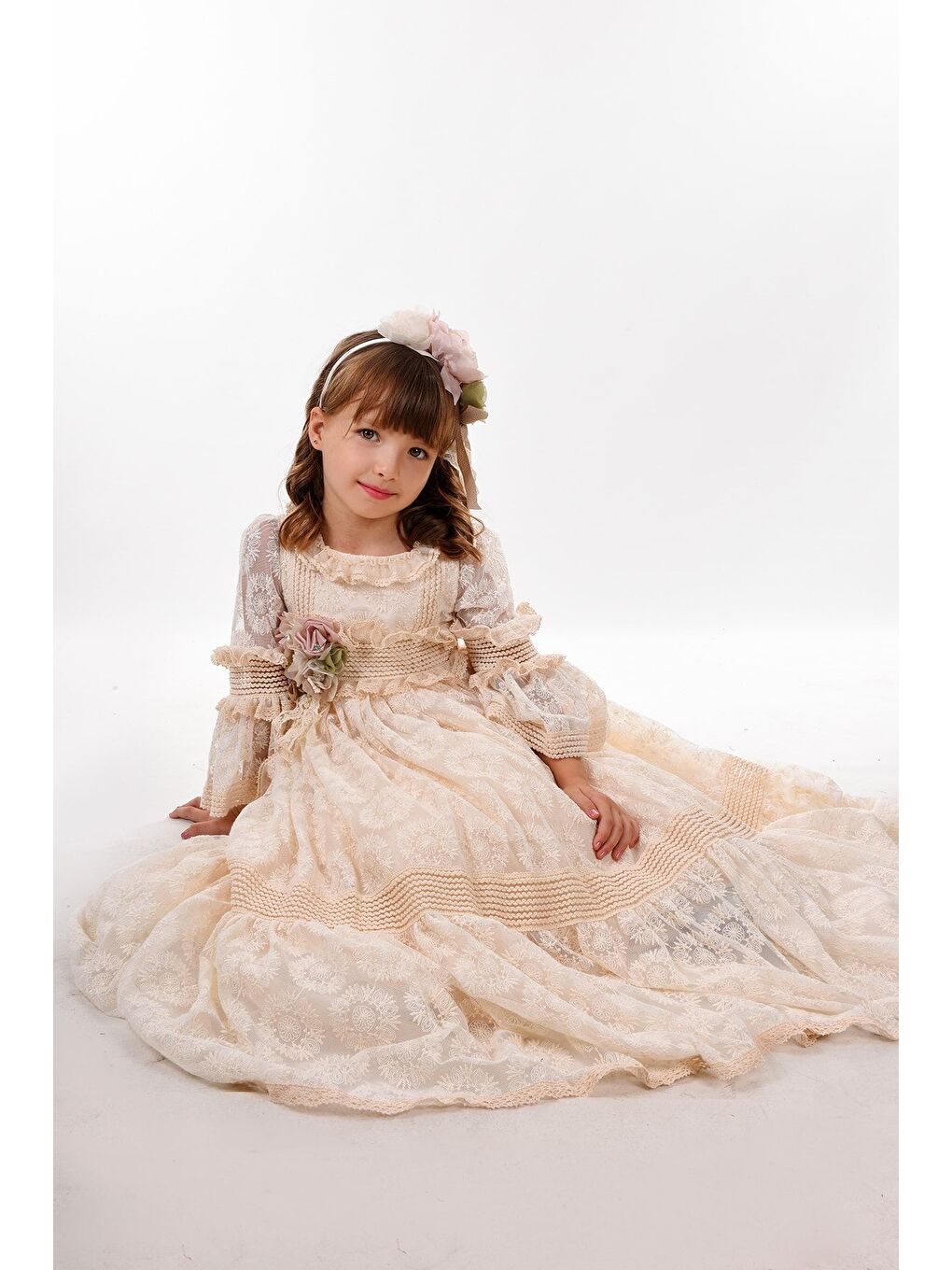 Ekru, Dantel Detaylı Kız Çocuk Elbise, Kız Çocuk Uzun Abiye Elbise Çocuk Vintage Elbise_M2228-5