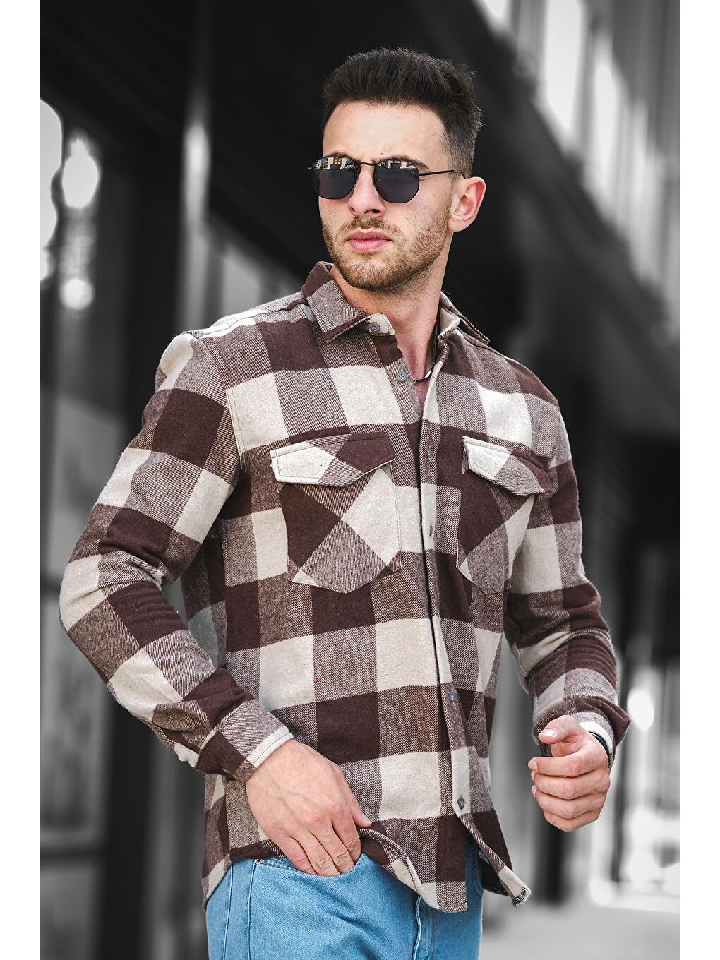 Kahverengi Slim Fit Pamuklu Ekoseli Çift Cep Erkek Oduncu Gömlek