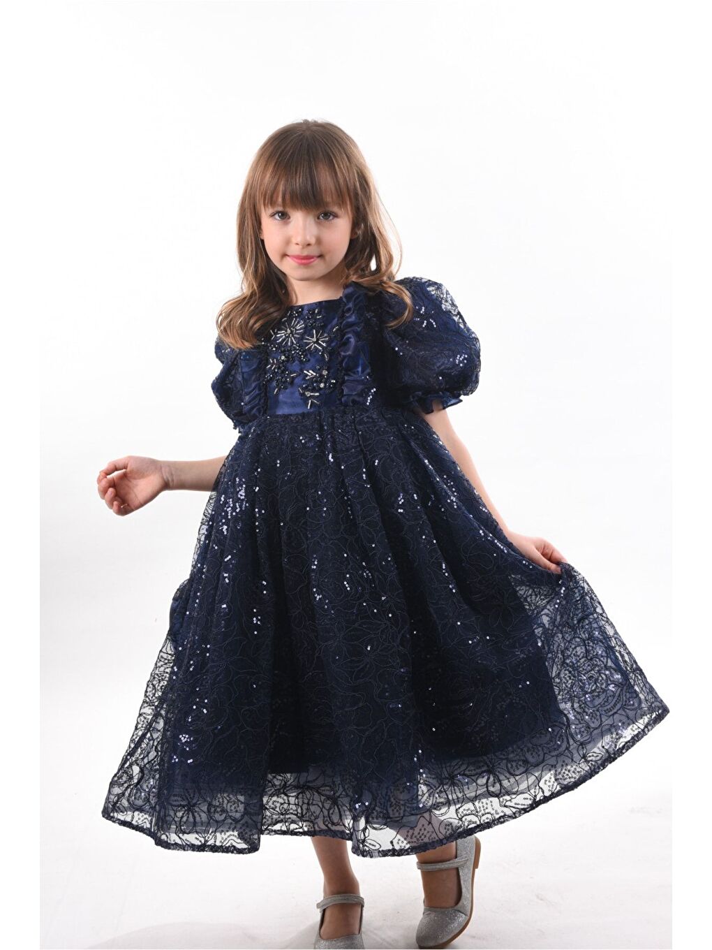 Lacivert Kız Çocuk Uzun Elbise, Vintage Kız Çocuk Elbise, Çanta Aksesuarlı Abiye Elbise_M2328-1