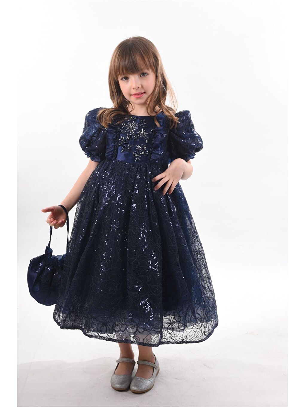 Lacivert Kız Çocuk Uzun Elbise, Vintage Kız Çocuk Elbise, Çanta Aksesuarlı Abiye Elbise_M2328-2