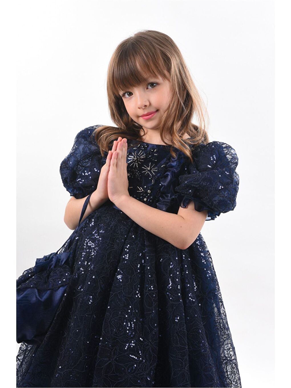 Lacivert Kız Çocuk Uzun Elbise, Vintage Kız Çocuk Elbise, Çanta Aksesuarlı Abiye Elbise_M2328-3
