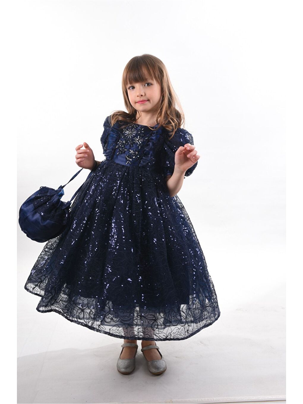 Lacivert Kız Çocuk Uzun Elbise, Vintage Kız Çocuk Elbise, Çanta Aksesuarlı Abiye Elbise_M2328-4