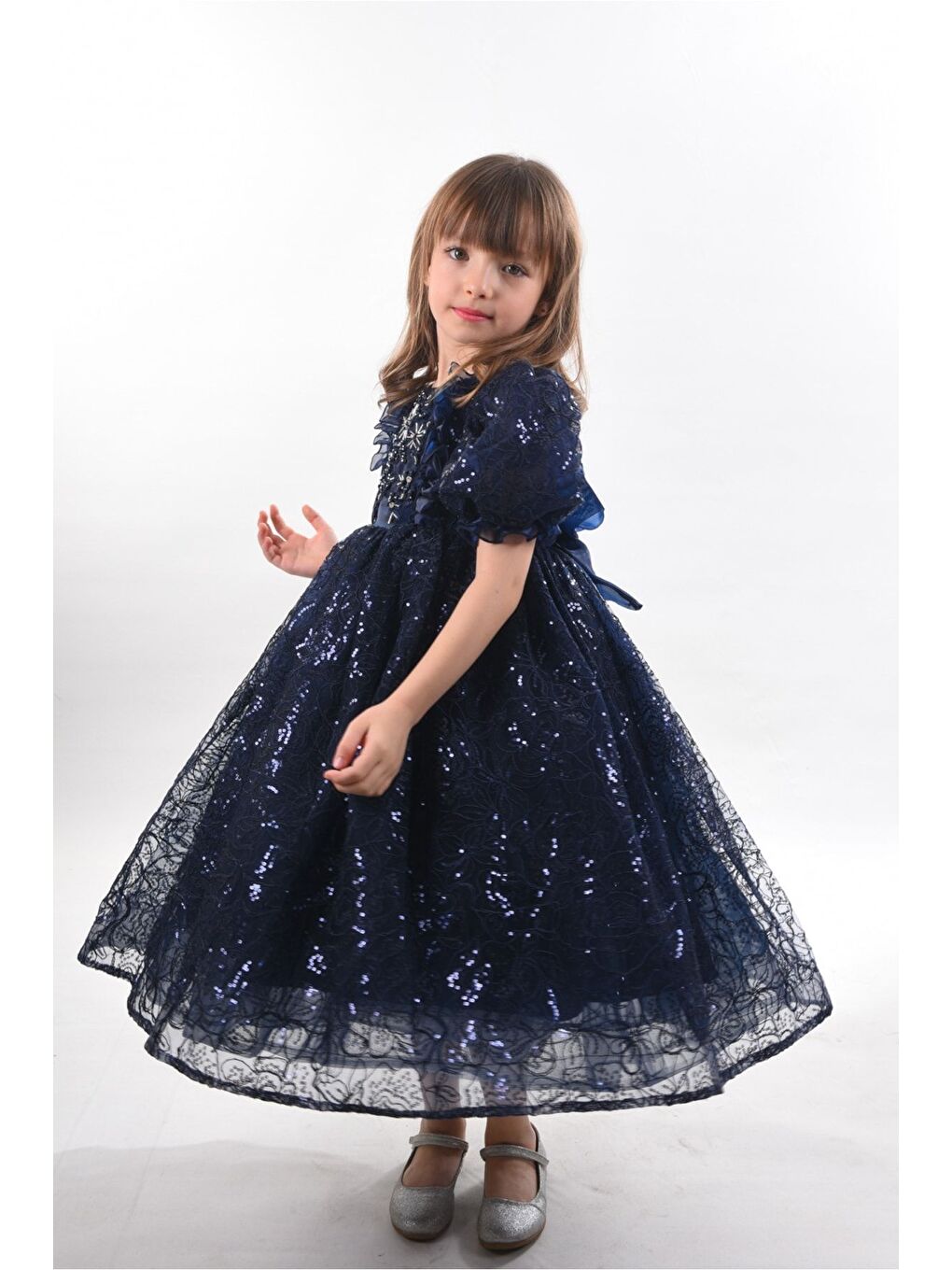 Lacivert Kız Çocuk Uzun Elbise, Vintage Kız Çocuk Elbise, Çanta Aksesuarlı Abiye Elbise_M2328-5