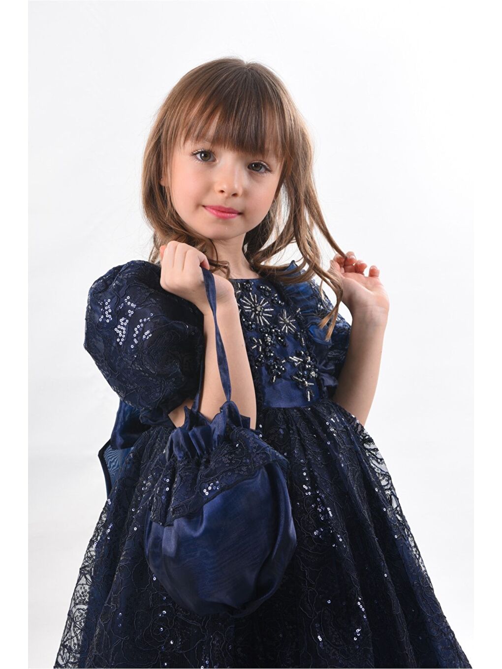 Lacivert Kız Çocuk Uzun Elbise, Vintage Kız Çocuk Elbise, Çanta Aksesuarlı Abiye Elbise_M2328-7