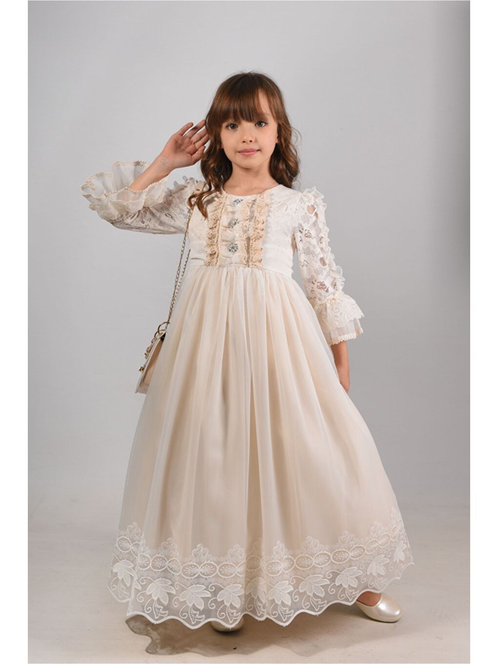 Ekru Özel Tasarım Kız Çocuk Abiye Elbise, Çanta Aksesuarlı, Fırfır Detaylı Uzun Kız Çocuk Elbisesi_M2442-1
