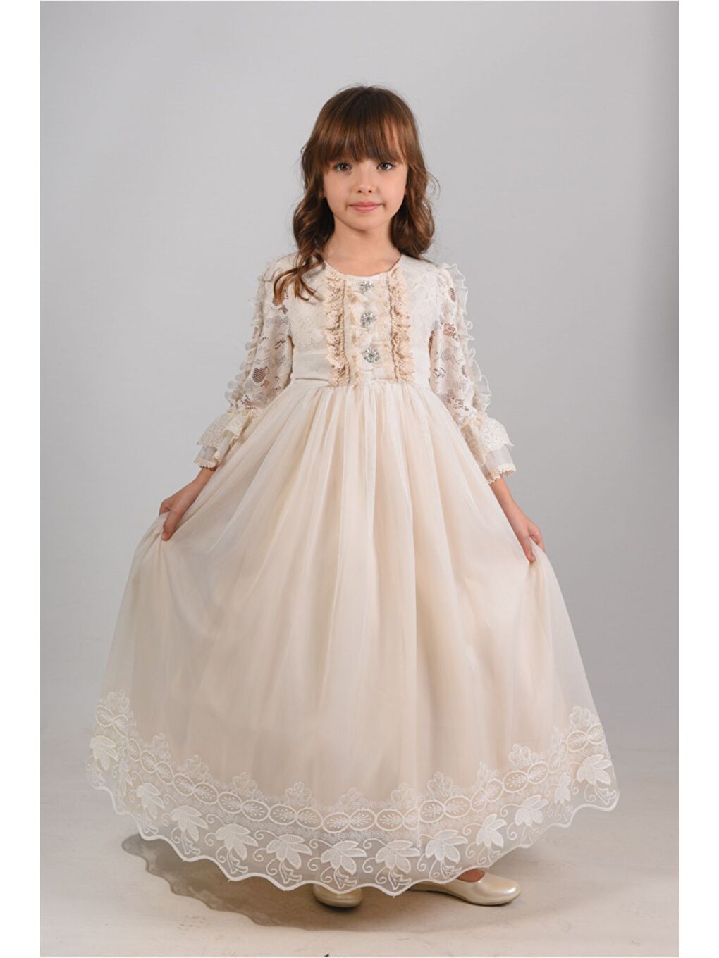 Ekru Özel Tasarım Kız Çocuk Abiye Elbise, Çanta Aksesuarlı, Fırfır Detaylı Uzun Kız Çocuk Elbisesi_M2442-2