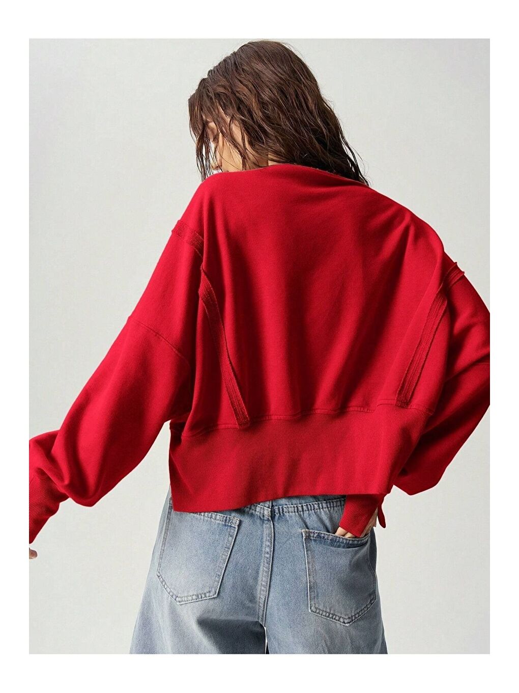 Kadın 3 Iplik Kırmızı Yanları Yırtmaç Detay Kısa Sweat-1