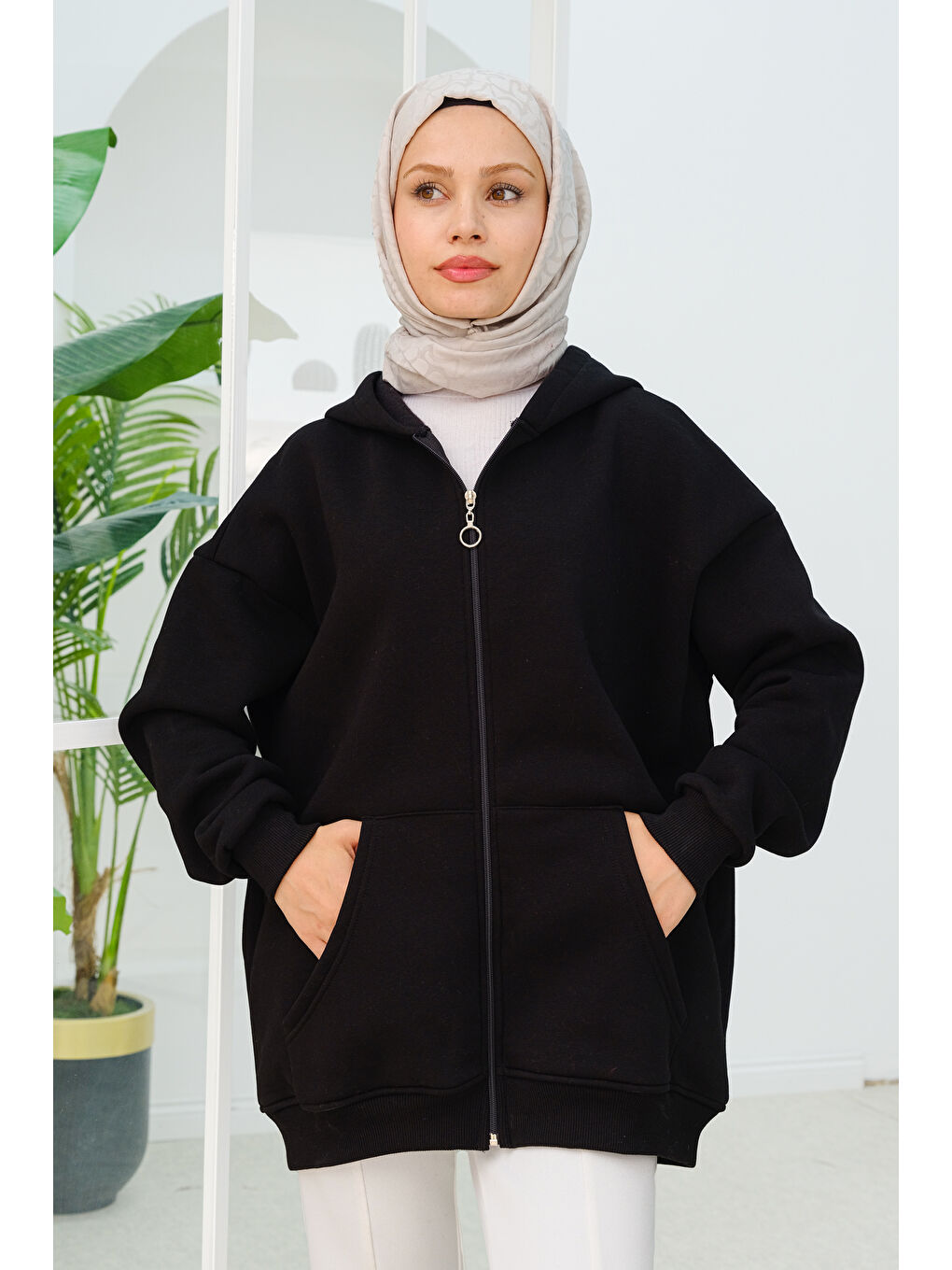 Locco Moda Kapüşonlu Oversize  Fermuarlı Sweatshirt  Siyah