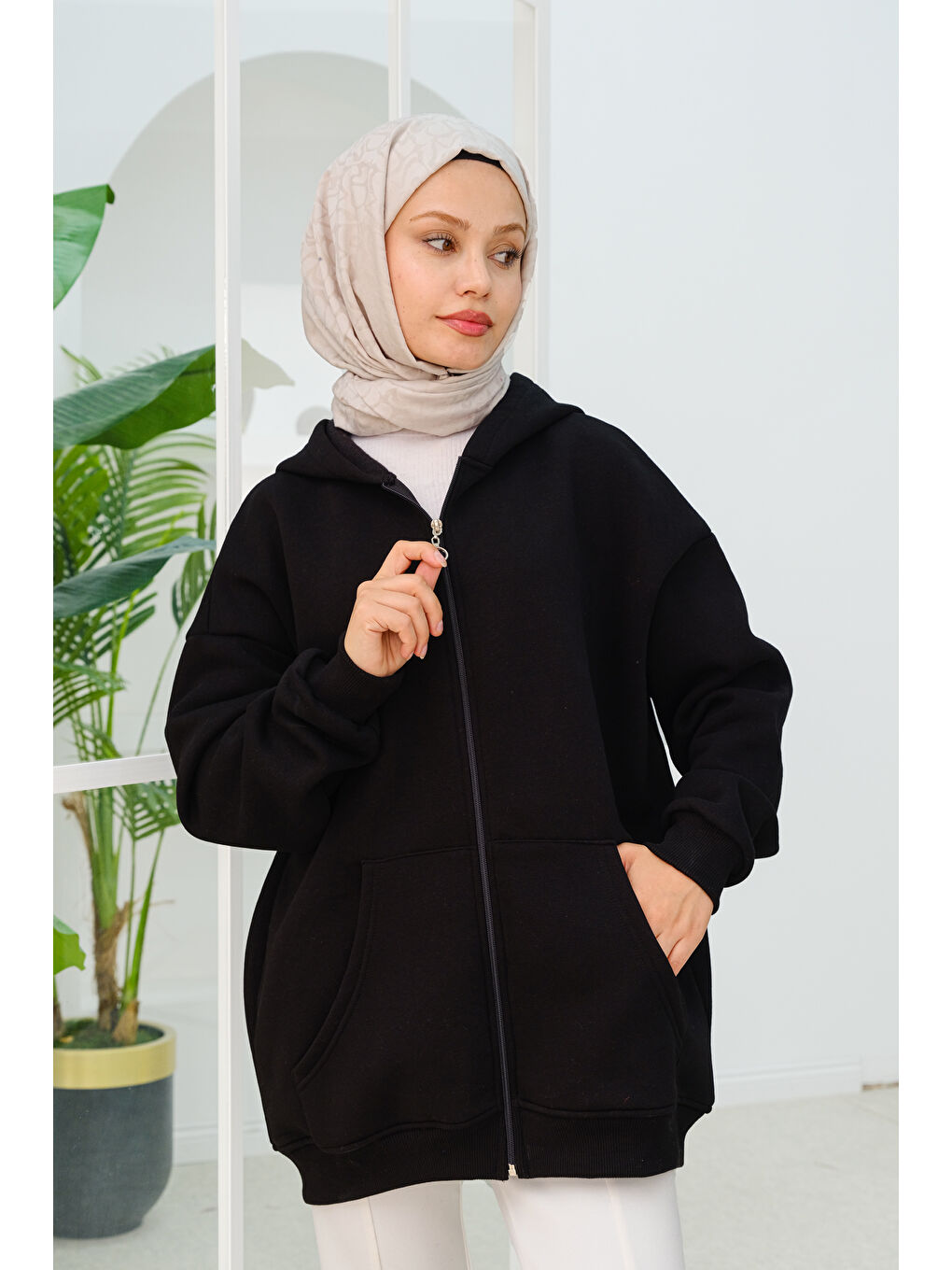 Locco Moda Kapüşonlu Oversize  Fermuarlı Sweatshirt  Siyah - 2