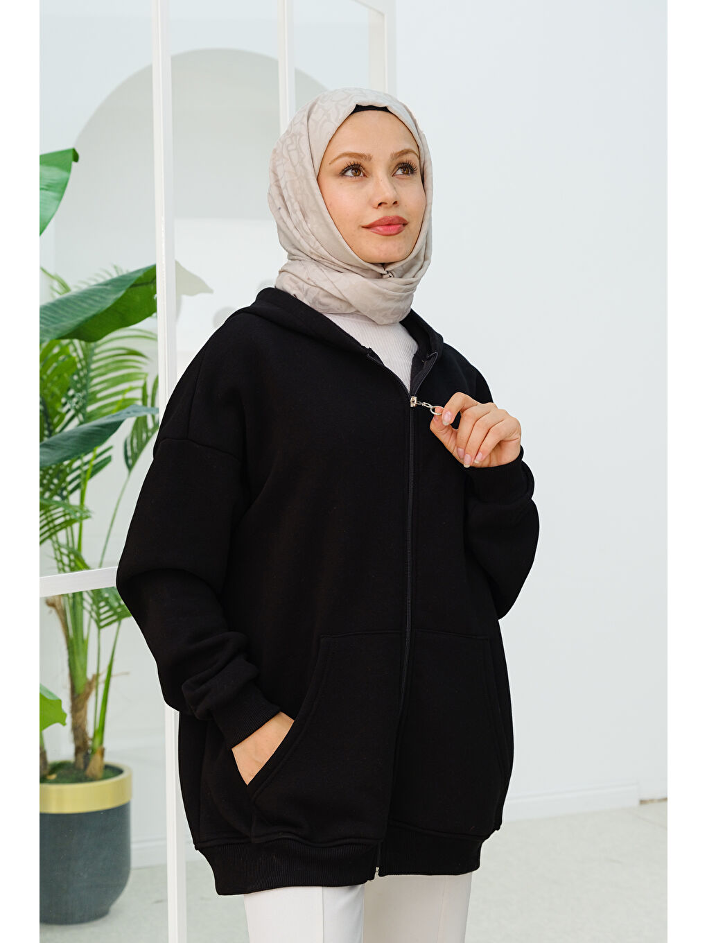 Locco Moda Kapüşonlu Oversize  Fermuarlı Sweatshirt  Siyah - 3