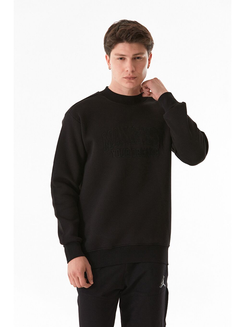 Fullamoda Siyah 3 İplik Yazı Nakışlı Dik Yaka Sweatshirt - 1