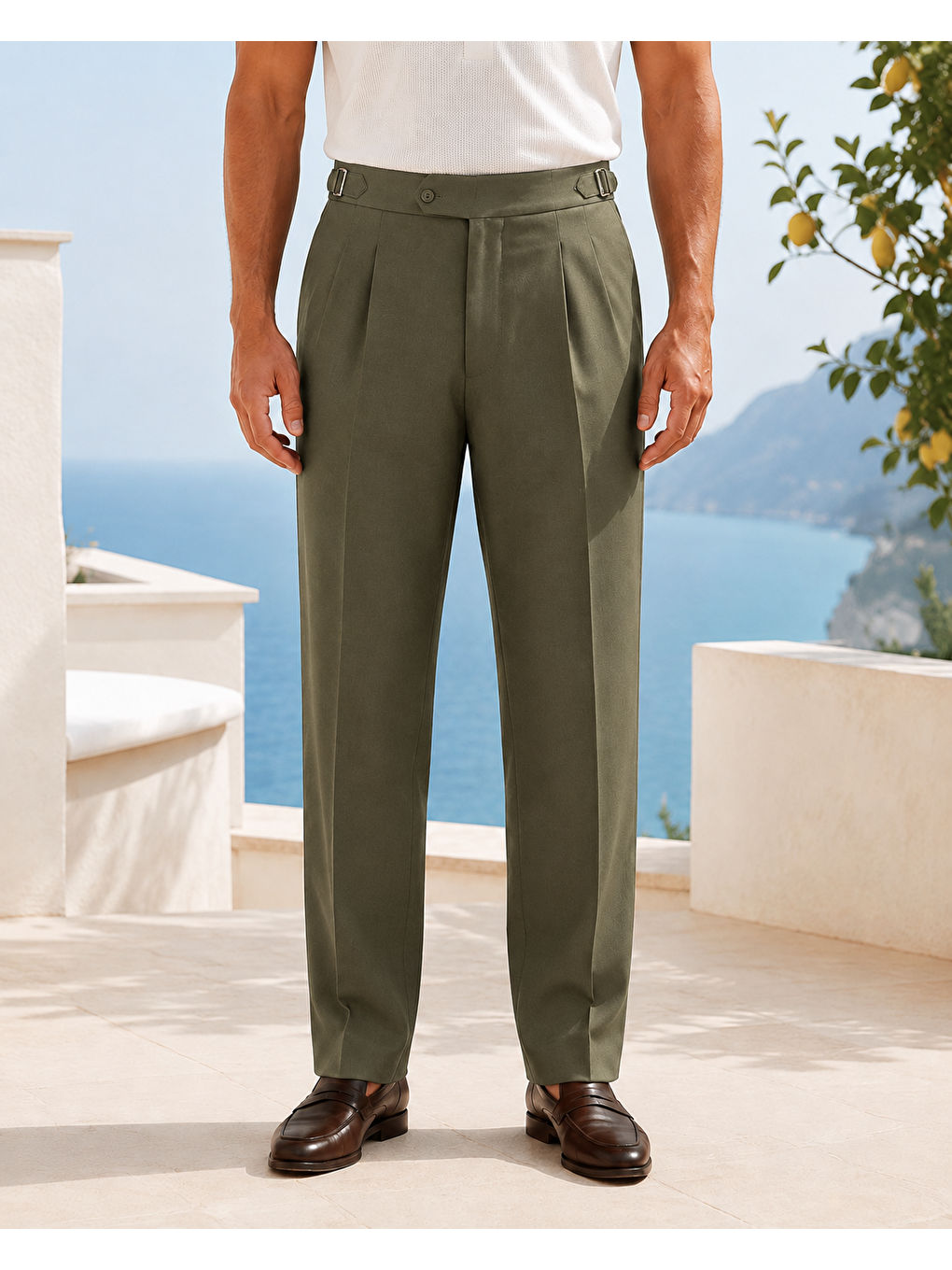 Erkek Viskon Karışımlı Yan Tokalı Pileli Baggy Pantolon Haki 0171dngr-1