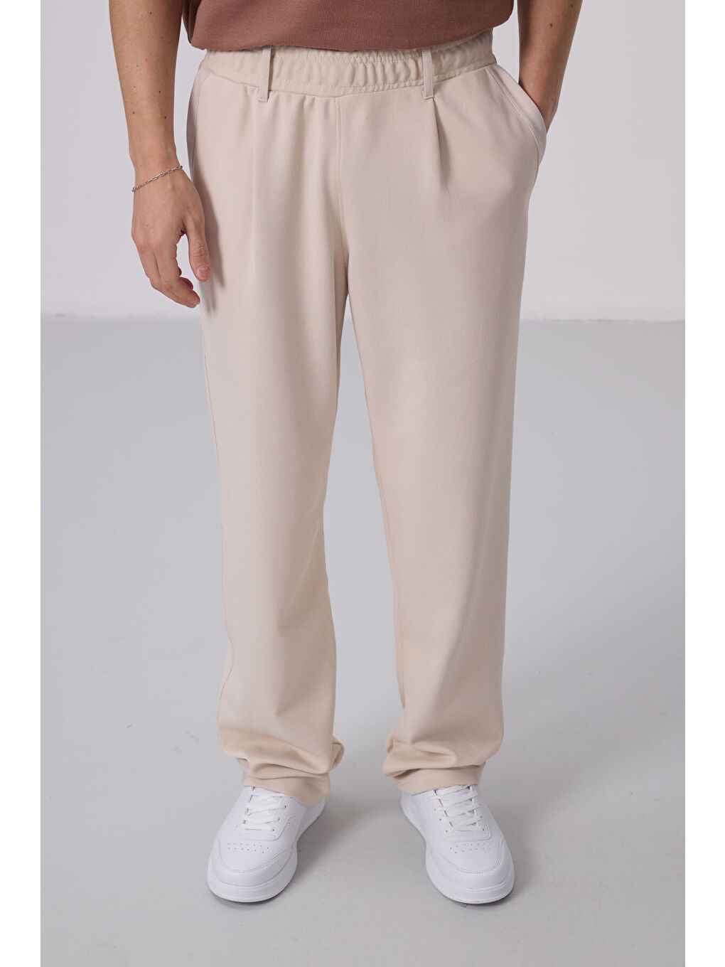 Bej Yüzeyi Dokulu Rahat Form Palazzo  Erkek Pantolon - 82163-1