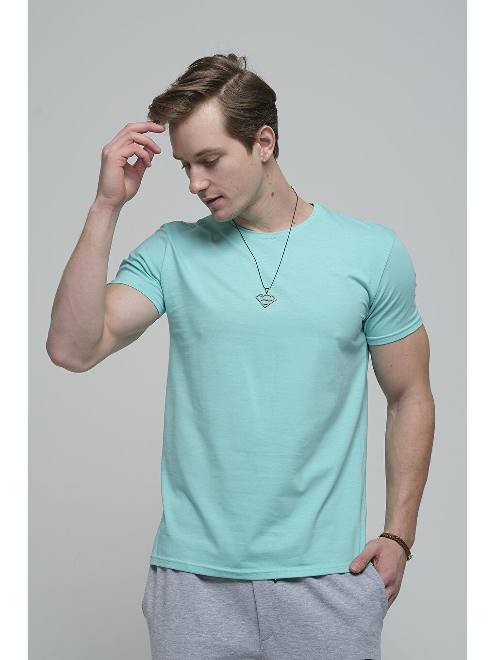 Turkuaz Slim Fit Likralı Bisiklet Yaka Erkek Basic Tişört