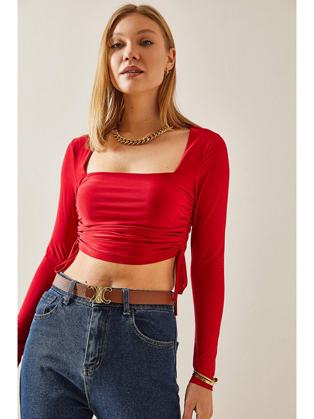 Kırmızı Kare Yaka Büzgülü Crop Bluz 4KXK2-47779-04-2