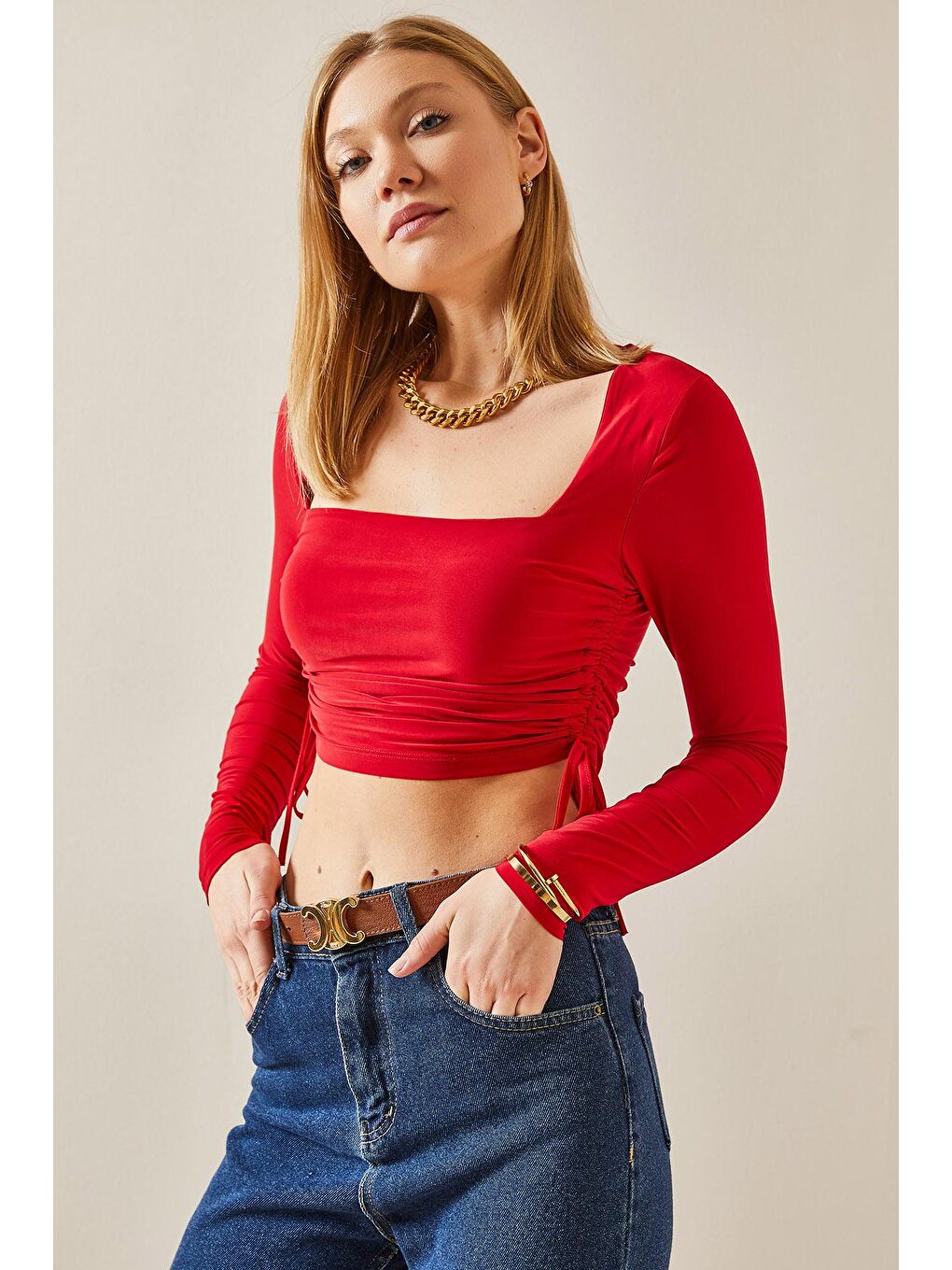 Kırmızı Kare Yaka Büzgülü Crop Bluz 4KXK2-47779-04-3