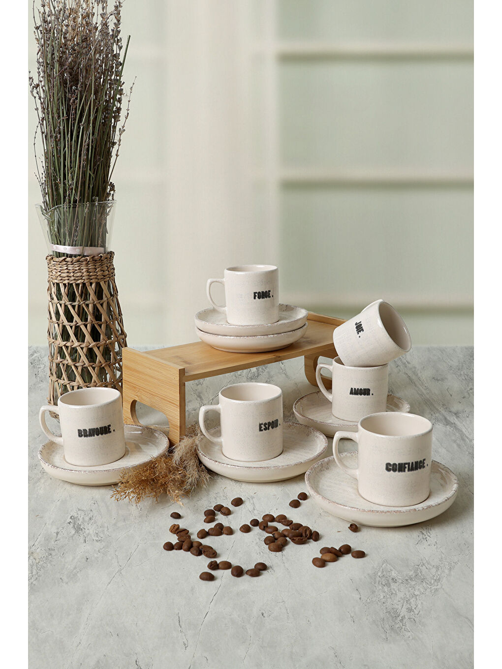 Keramika Karişik Deep Collection Mottolu Nordic Kahve Takımı 12 Parça 6 Kişilik