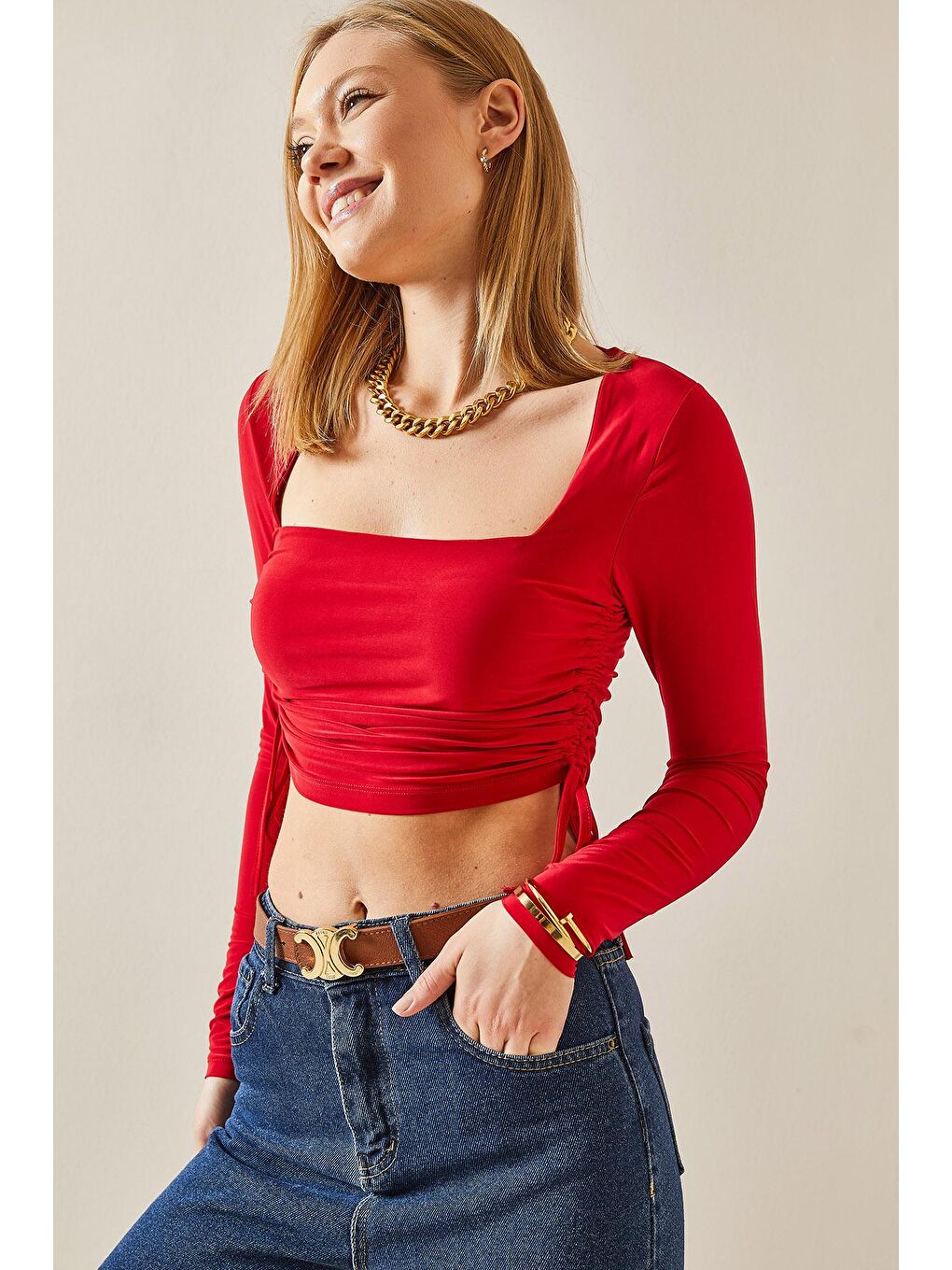 Kırmızı Kare Yaka Büzgülü Crop Bluz 4KXK2-47779-04-4