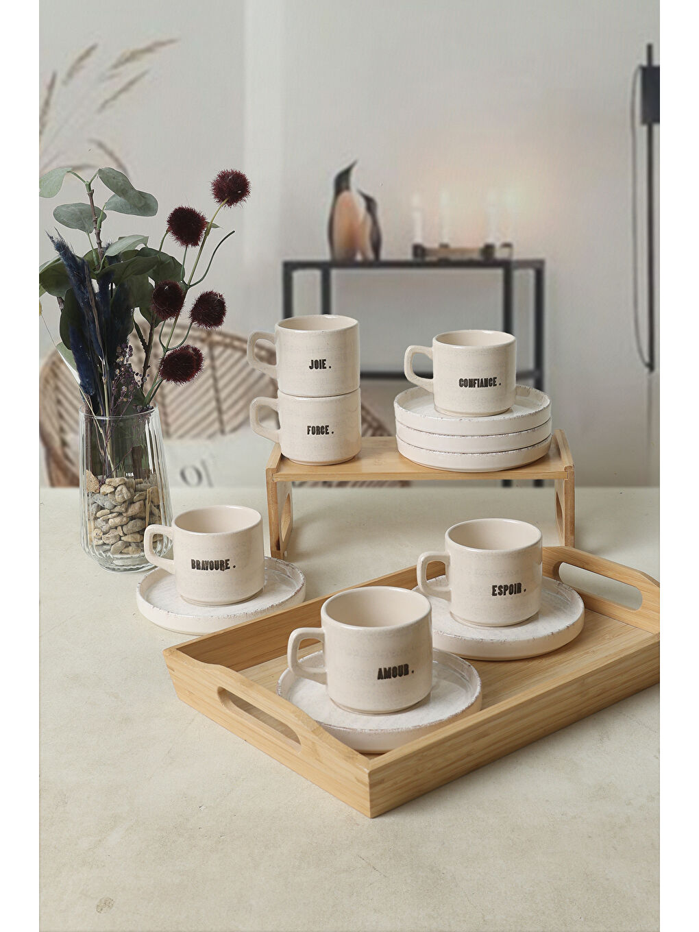 Keramika Karişik Deep Collection Mottolu Stackable Çay Takımı 12 Parça 6 Kişilik