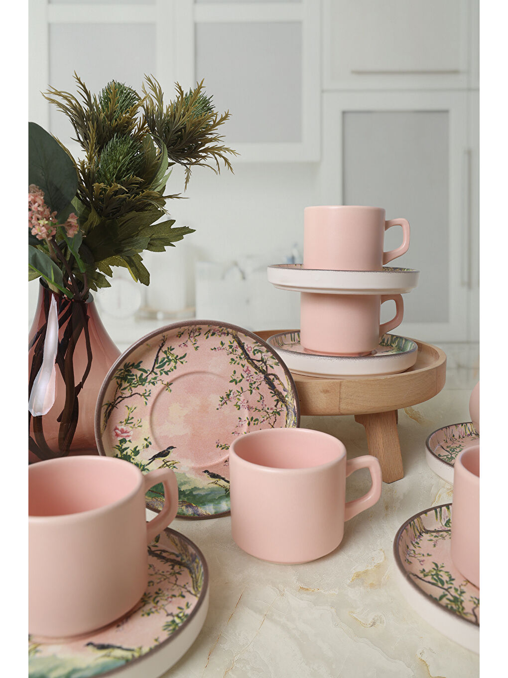 Karışık Pink Woods Stackable Çay Takımı 12 Parça 6 Kişilik-1