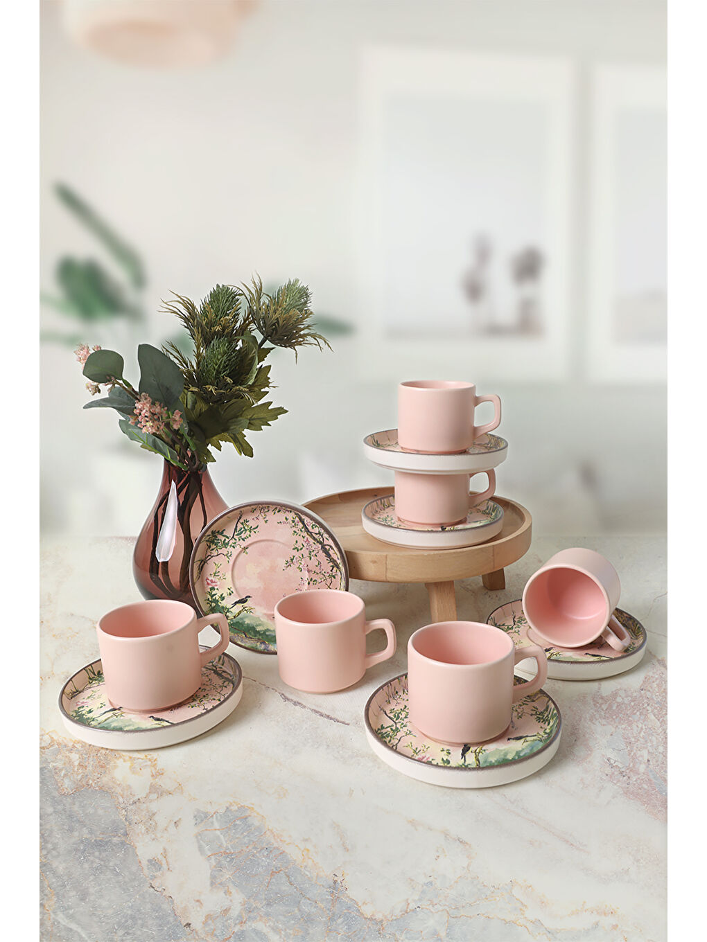 Karışık Pink Woods Stackable Çay Takımı 12 Parça 6 Kişilik-2