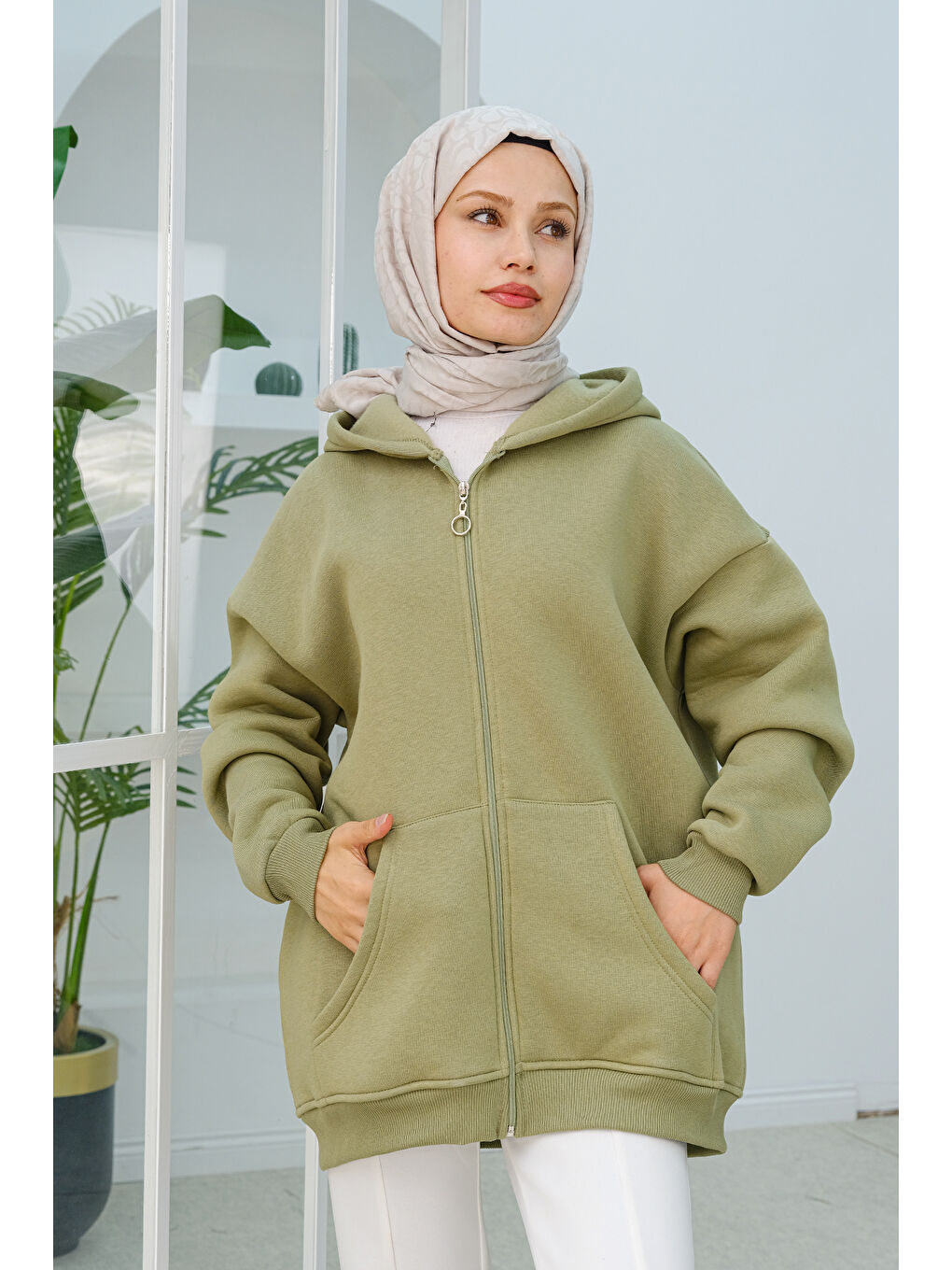 Locco Moda Kapüşonlu Oversize  Fermuarlı Sweatshirt  Fıstık Yeşil