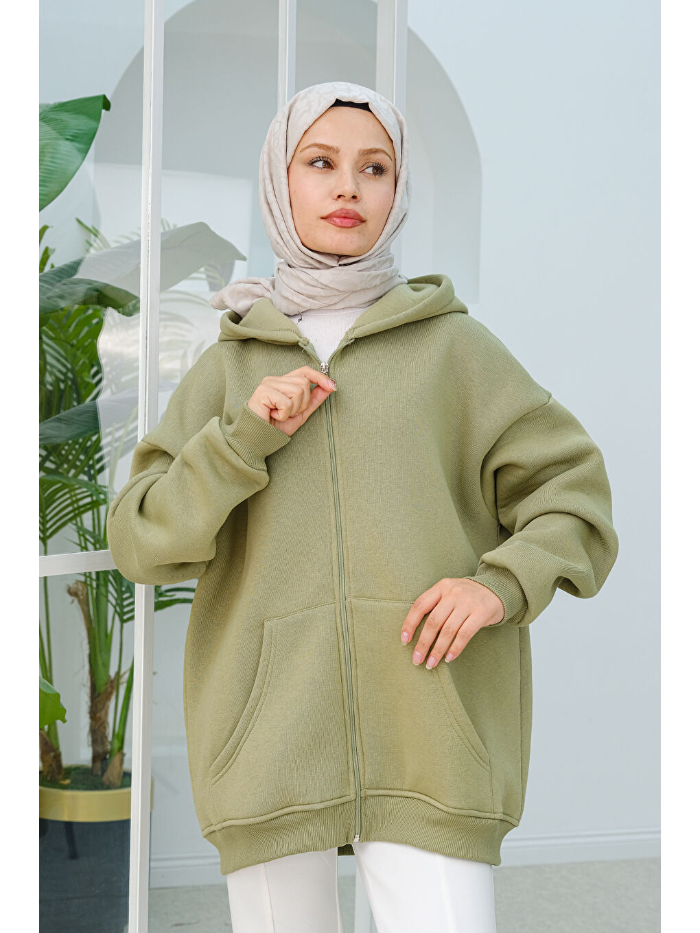 Locco Moda Kapüşonlu Oversize  Fermuarlı Sweatshirt  Fıstık Yeşil - 2