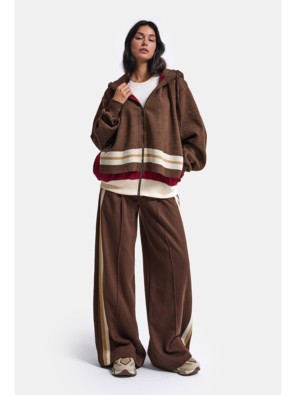 Kahverengi Kadın Kahve W6-16 Üst Sweatshirt Polar Alt Eşofman Pantolon 2'li Tasarım Takım-1